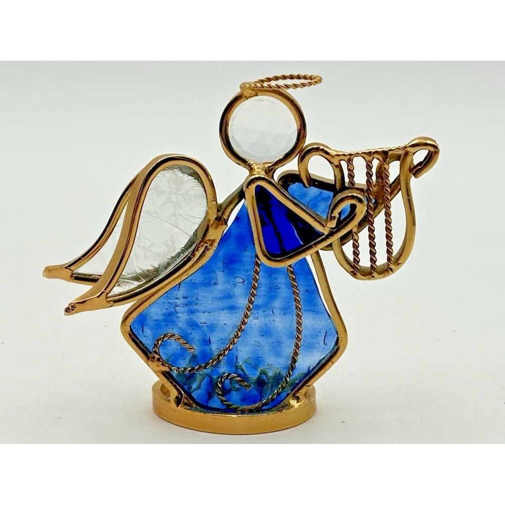 Vintage Stained Glass Leaded Standing Angel Playing Harp 4"